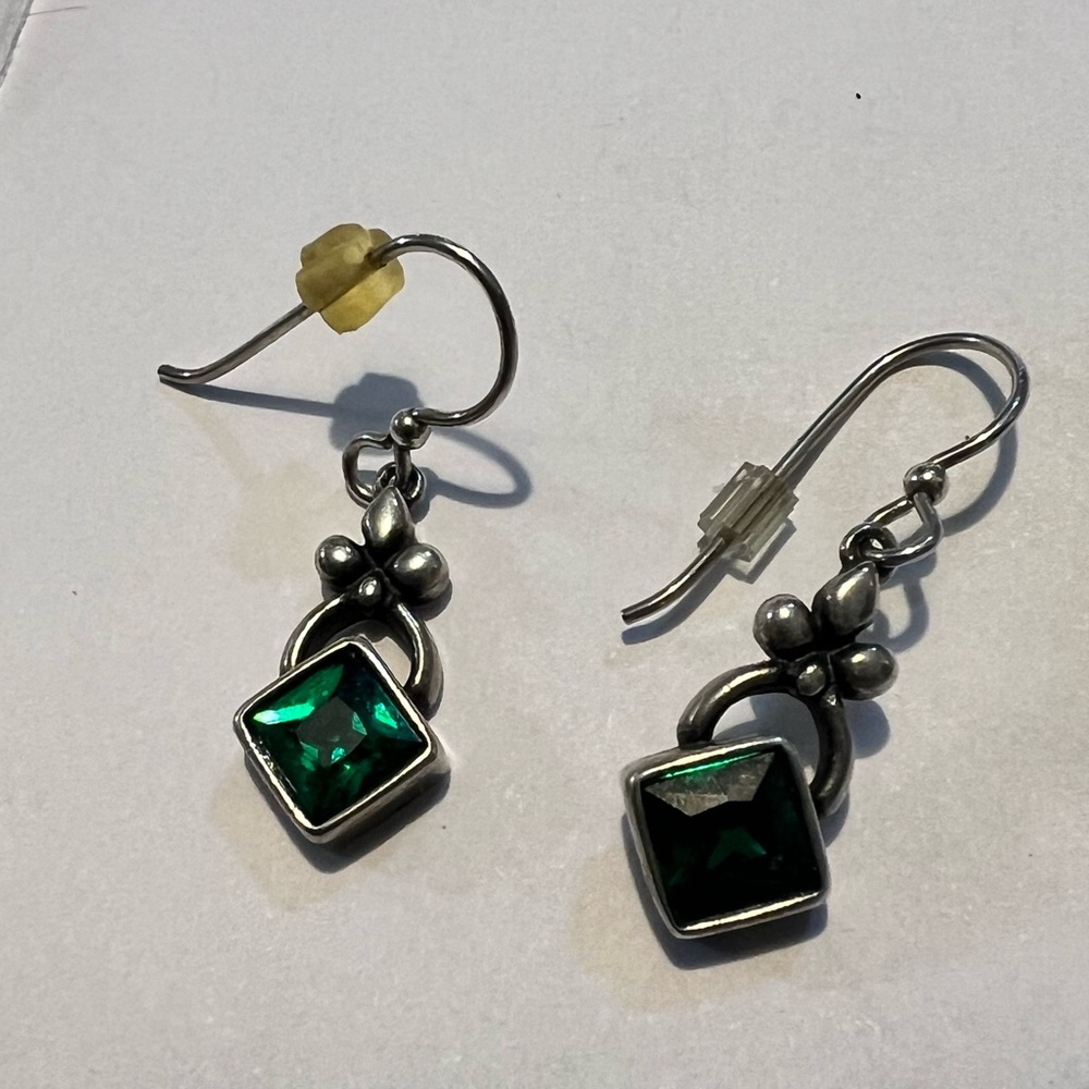 Shelli Wood for SAW green glass diamond shaped earrings with 925 sterling silver